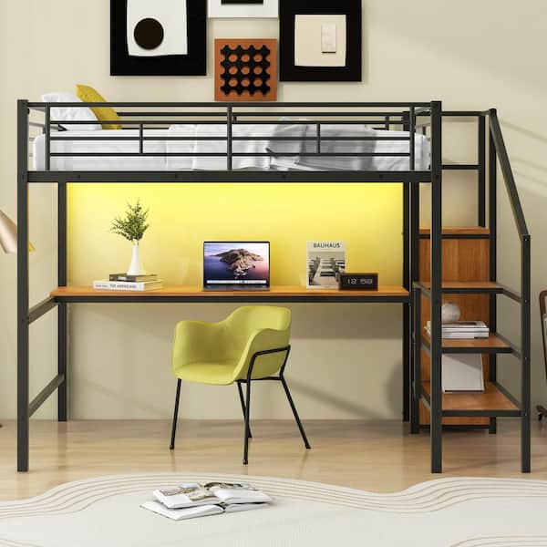 Full Size Metal Loft Bed with Desk, Storage Staircase and Small Wardrobe, Black