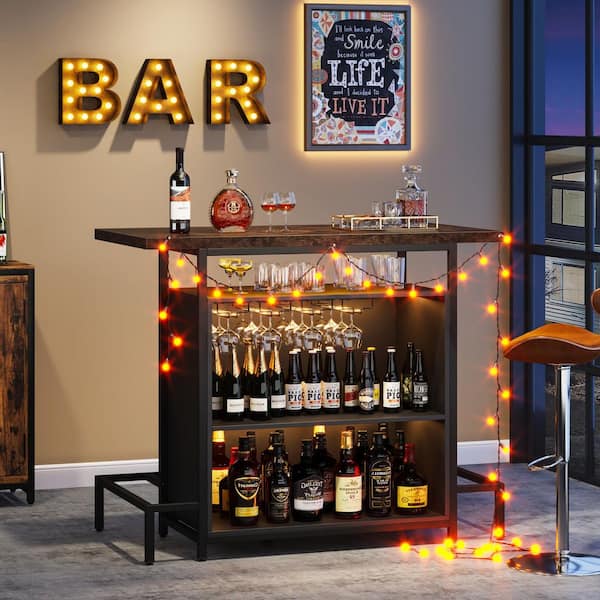 Kearsten Vintage Brown Home Bar Unit Industrial 3-Tier Bar Table with Glasses Holder and Footrest for Den Home Pub