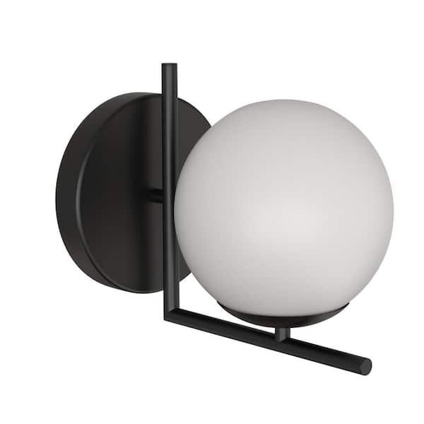 YANSUN 23 in. 3-Light Polished Black Vanity Light with White Alabaster Glass Shade