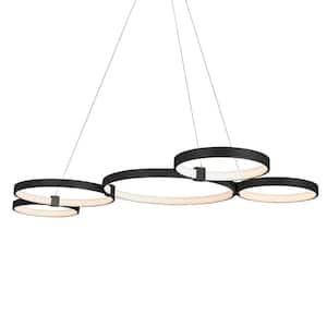 Capella 80-Watt ETL Certified Integrated LED Black Chandelier Height Adjustable 50 in. Pendant Light with 5 LED Circles