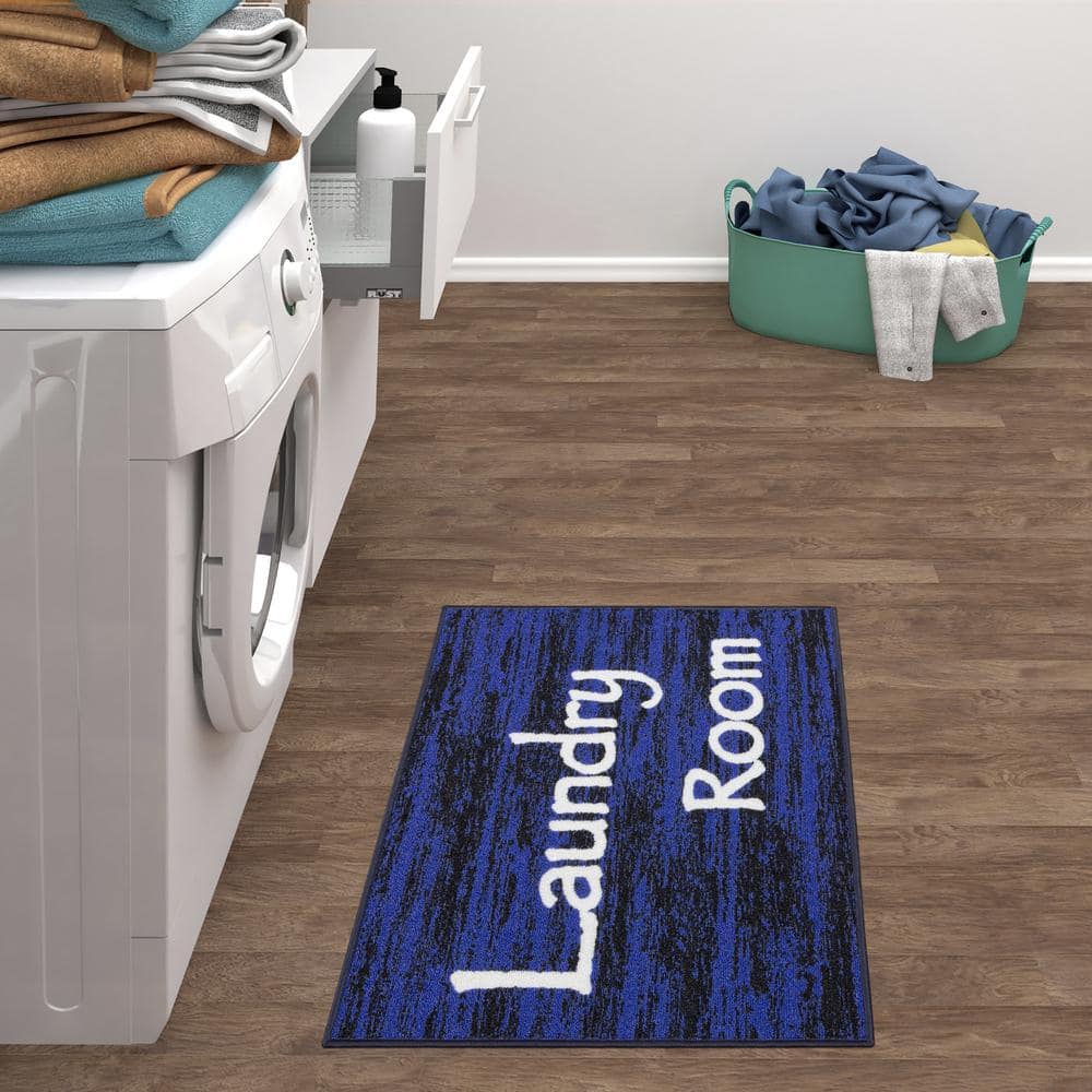 Blue and Black Synthetic Non-Slip Rectangular Laundry Room Rug