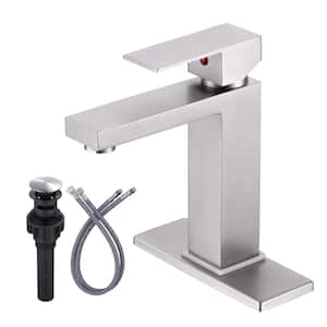 Brushed Nickel Single Handle Single Hole Bathroom Faucet with Deckplate Included and Spot Resistant in Stainless Steel