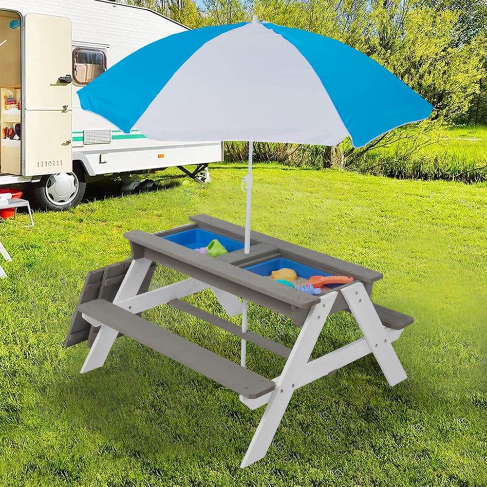 Tunearary 3 in 1 Gray Outdoor Children's Wooden Picnic Table with Umbrella, Convertible to Sand and Water Table -  D469PYX-H4
