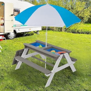 3 in 1 Gray Outdoor Children's Wooden Picnic Table with Umbrella, Convertible to Sand and Water Table