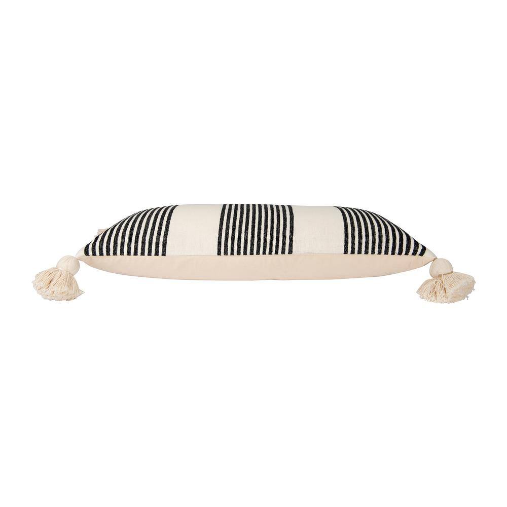 Black and Cream Cotton Chenille Striped Lumbar Pillow with Tassels