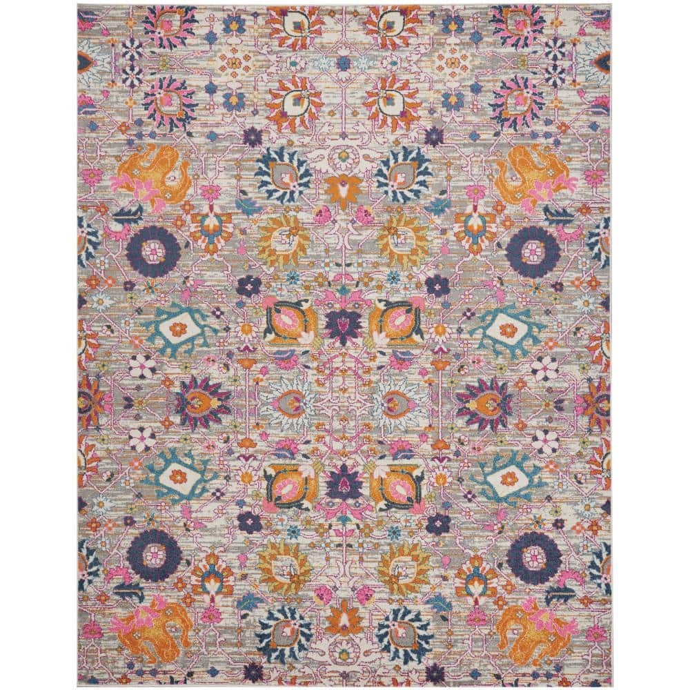 Seductive Silver Floral 9' x 12' Hand-Knotted Synthetic Rug