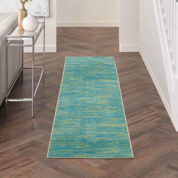Essentials Blue Green 2 ft. x 12 ft. Solid Contemporary Kitchen Runner Indoor/Outdoor Patio Area Rug