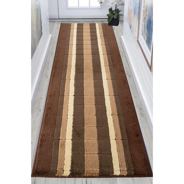 Custom Size Runner Rug Stripes Collection Brown 26 in. W x 144 in. L Stair Runner 26 sq. ft.