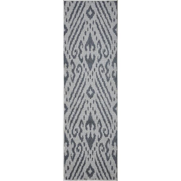 LOOMAKNOTI Breyleigh Calitrah Cream/Blue 2 ft. x 6 ft. 7 in. Ikat Polypropylene Indoor/Outdoor Area Rug