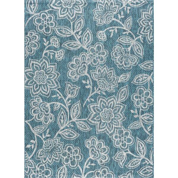 Tayse Rugs Veranda Floral Aqua 5 ft. x 8 ft. Indoor/Outdoor Area Rug