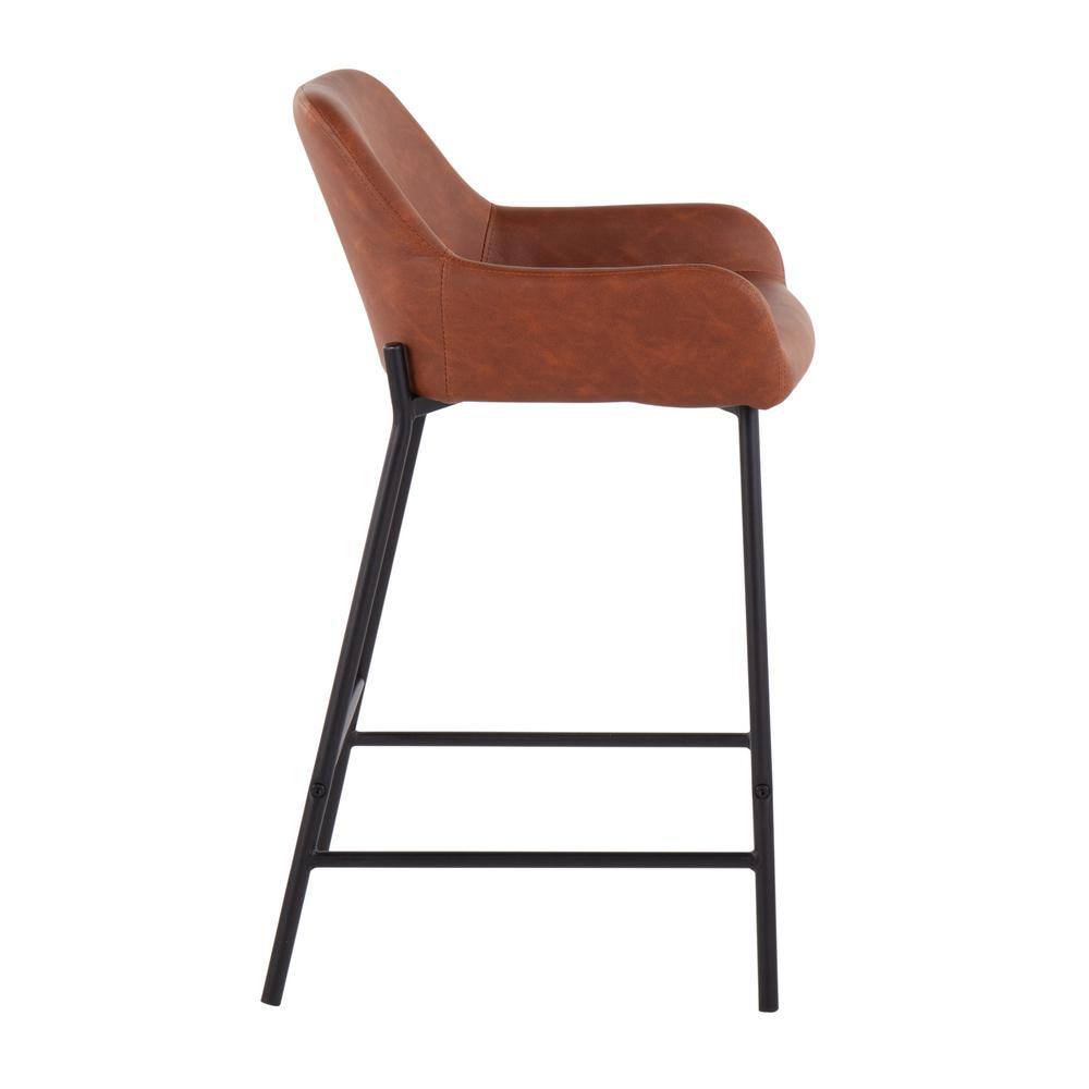 Daniella 33" Industrial Black Metal and Camel Faux Leather Counter Stools, Set of 2