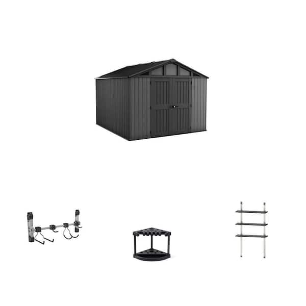 10 ft. x 11.5 ft. Resin Storage Shed with Flooring, Shed Hook, 22 in. Tool Rack and 12 in. Adjustable Shelve Kit Combo