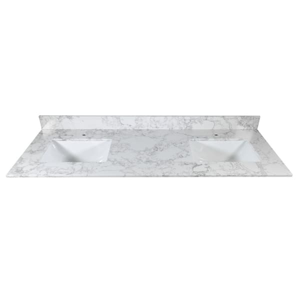 Unbranded 61 in. W x 22 in. D Engineered Stone Composite Vanity Top in Carrara White with Rectangular Ceramic Double Sink