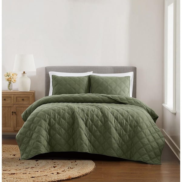 Diamond Washed 3-Piece Green Solid Cotton King Quilt Set