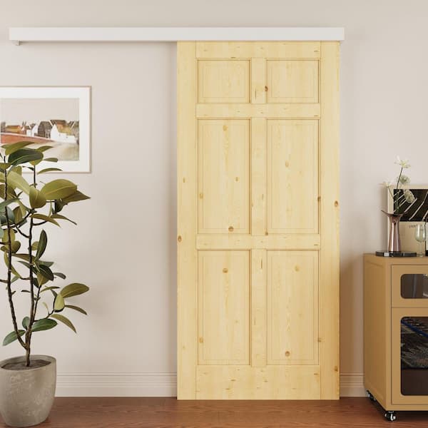 36 in. x 80 in. Hidden Track Style 6-Panel Solid Pine Wood Unfinished Sliding Barn Door with Hardware Kit