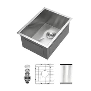 14 in. Undermount Single Bowl 16-Gauge Brushed Nickel Stainless Steel Kitchen Sink with Dish Grid