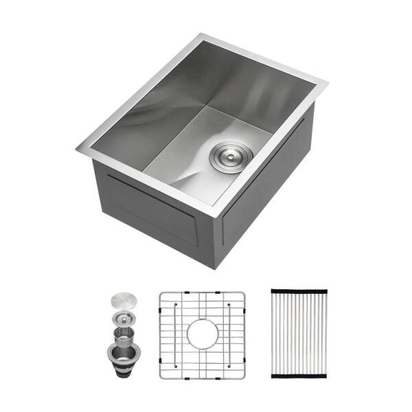 14 in. Undermount Single Bowl 16-Gauge Brushed Nickel Stainless Steel Kitchen Sink with Dish Grid