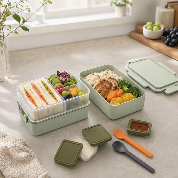 Numhew Stackable Lunch Bag with Utensil Set, Dressing Container Bento Box for Food, Salad, and Snack Box, Green