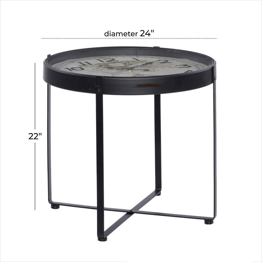 Black Round Metal and Glass Clock Accent Table