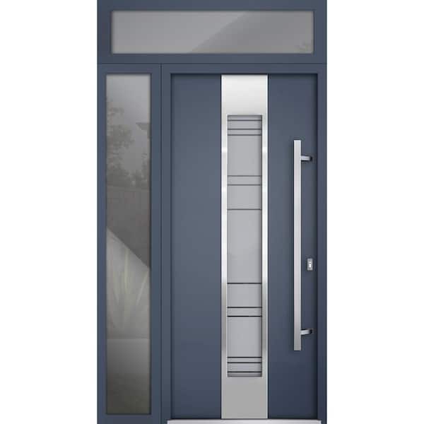 VDOMDOORS 0757 48 in. W. x 96 in. Left-hand/Inswing Frosted Glass Gray Graphite Steel Prehend Front Door with Hardware