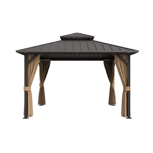 10 ft. x 10 ft. Double Galvanized Steel Roof Aluminum Frame Outdoor Patio Hardtop Gazebo with Netting and Curtains