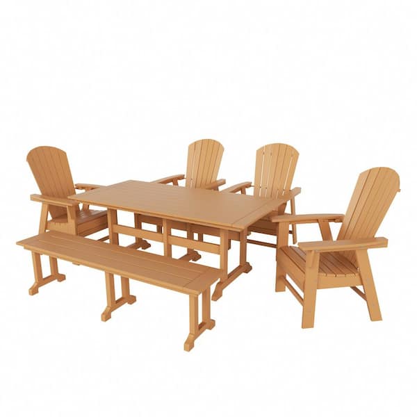Altura Outdoor Patio Weather Resistant 6-Piece HDPE Plastic Teak Rectangle Adirondack Dining Set With Bench