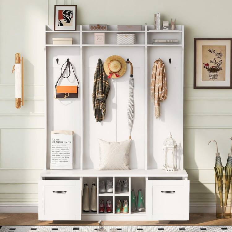 JUJABU 58.8 in. Hall Tree 5-in-1 Entryway Bench with Coat Rack, 7 Sturdy Hooks, 2 Spacious Drawers and Adjustable Shelves