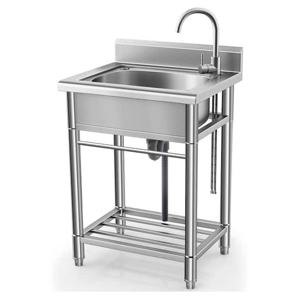 Stainless Steel Freestanding Single Bowl Kitchen Sink in Silver with Cold and Hot Water Pipe Faucet