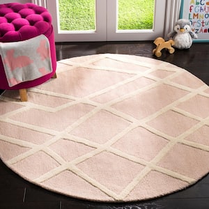 Kids Pink/Ivory 5 ft. x 5 ft. Round Geometric Abstract Area Rug