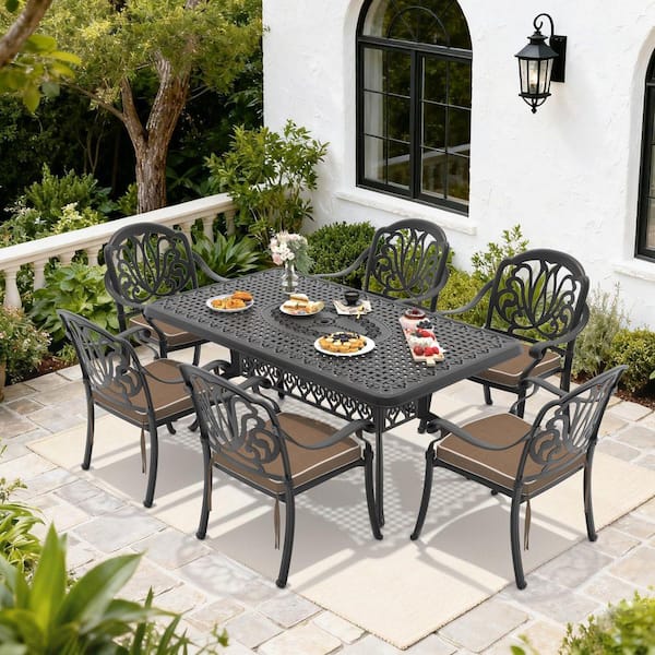 7-Piece Aluminum Patio Outdoor Dining Set with 6 Chairs, Rectangular Table, Umbrella Hole and Brown Cushions