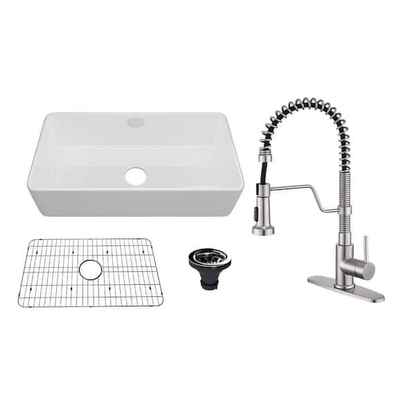 CASAINC All-in-One 36 in. Farmhouse/Apron-Front Single Bowl Fireclay Kitchen Sink with Faucet, Bottom Grid, and Basket Strainer