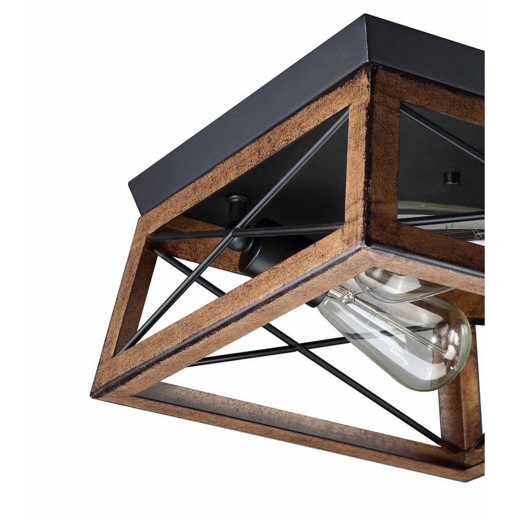 Matte Black and Barnwood 2-Light Farmhouse Flush Mount