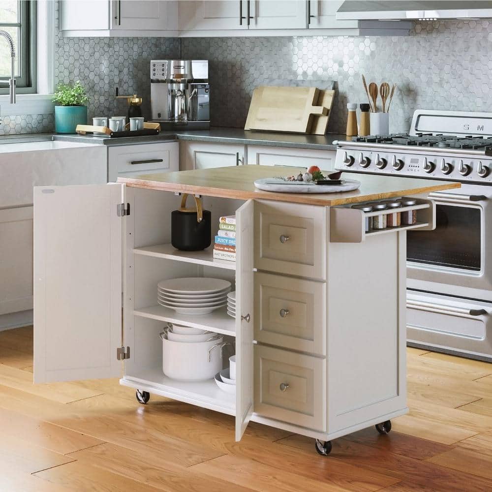 White Wood Drop Leaf Kitchen Cart with Spice Rack