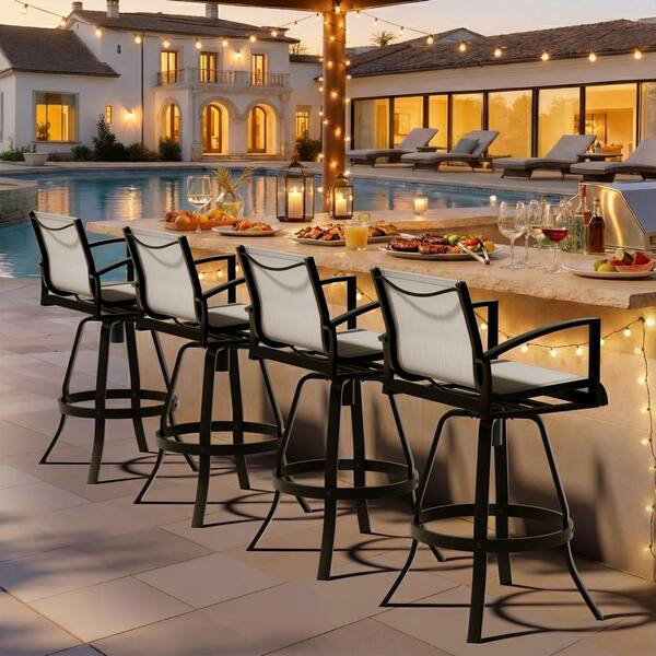 360° Swivel Aluminum Outdoor Bar Stool in Augustine Oyster with Sunbrella Fabric and Armrests (4-Pack)