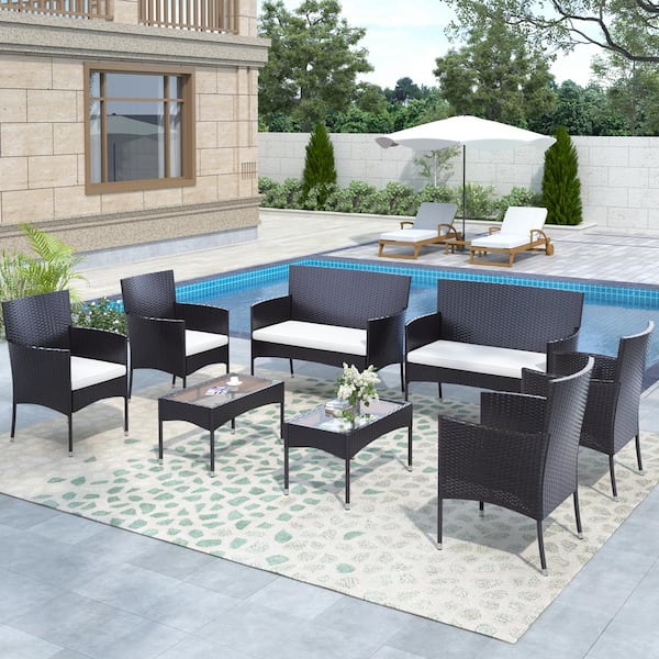 Wateday Brown 8-Piece Wicker Outdoor Patio Conversation Sets Sofa with Beige Cushions