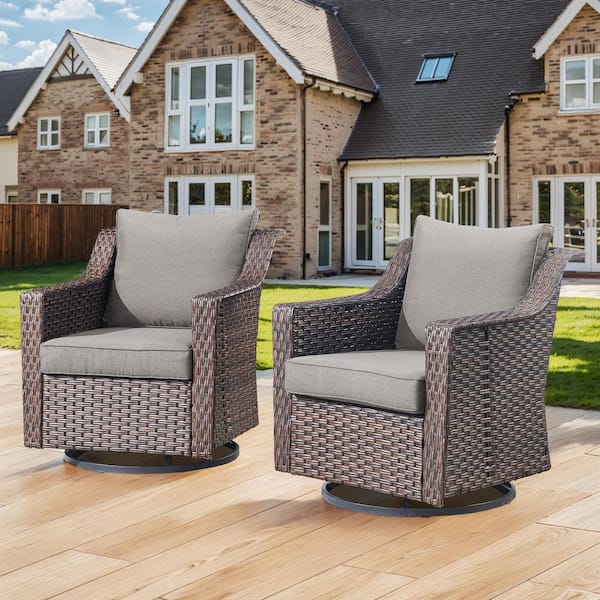 Brown Wicker Outdoor Rocking Chairs, 2-Piece Swivel Glider Chairs Set with Gray Cushions for Porch, Deck or Backyard