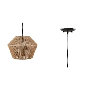 60-Watt 1-Light Matte Black Pendant Light with Natural Rope Shade, No Bulbs Included