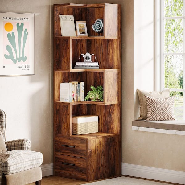 Eulas 66.9 in. Tall Brown Engineered Wood 4-Shelf Vintage Standard Bookcase Corner Bookshelf with 2-Drawers