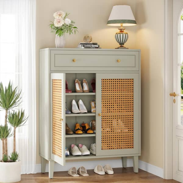 BYBLIGHT 43.7 in. H x 31.49 in. W Green Wooden Shoe Storage Cabinet with Rattan Doors 16 Pairs of Shoes BB F1880 XMX The Home Depot