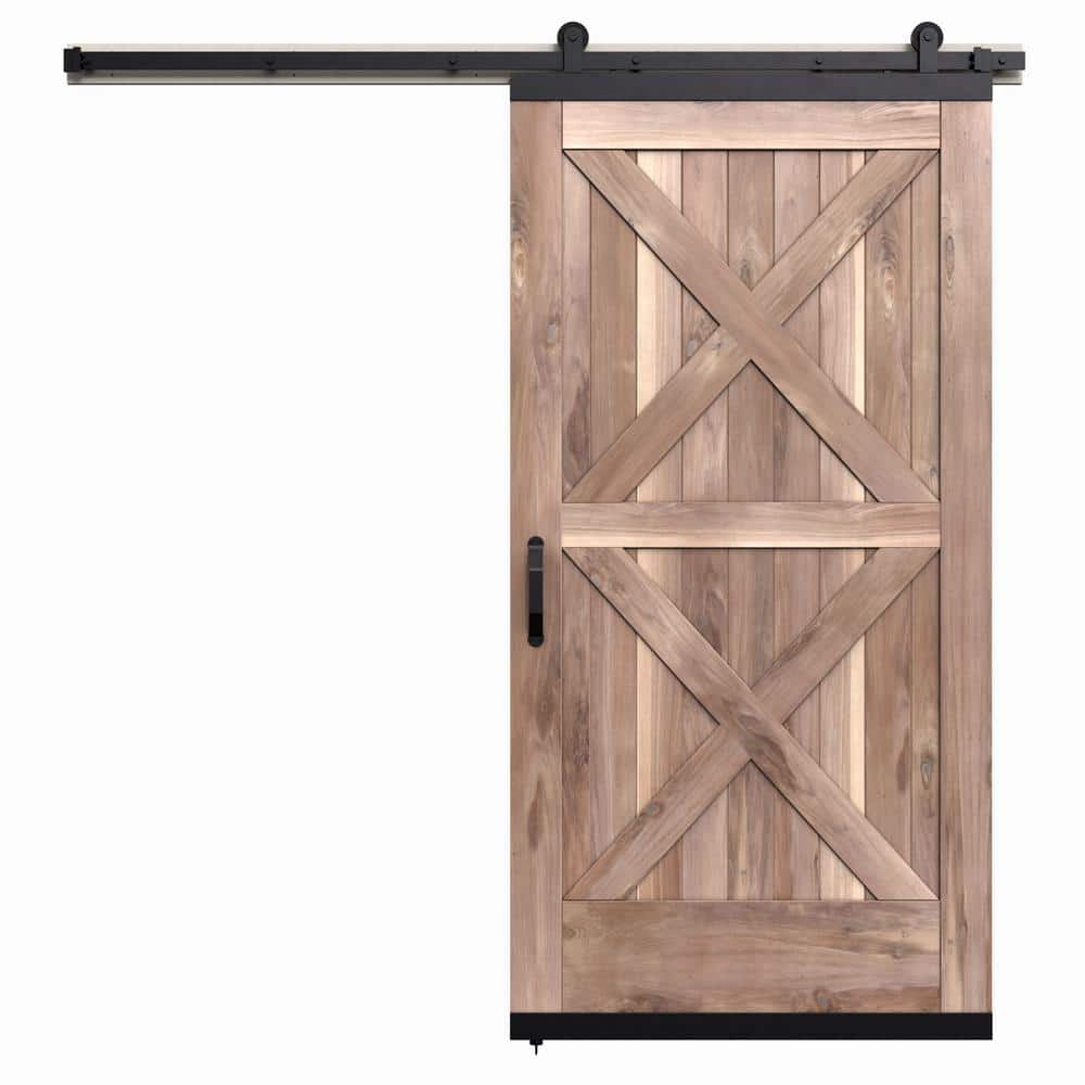JELDWEN 42 in. x 80 in. Karona Crossbuck Unfinished Rustic Walnut Wood Sliding Barn Door with