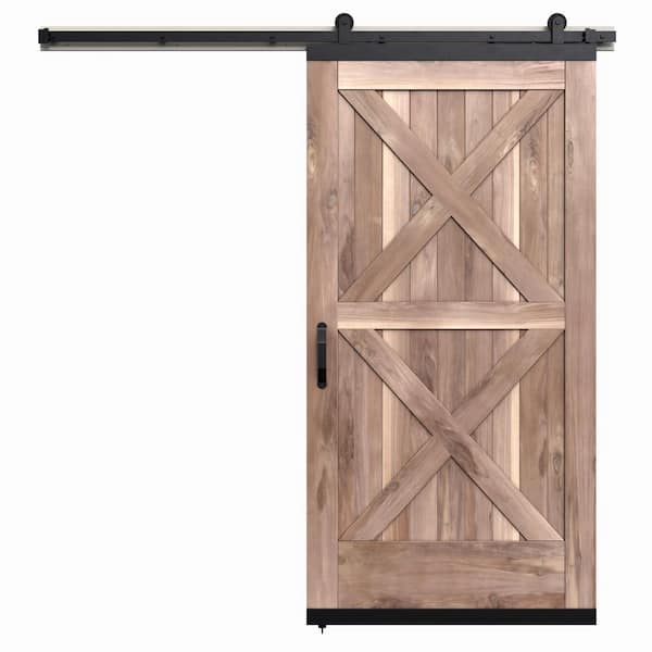 JELD-WEN 42 in. x 80 in. Karona Crossbuck Unfinished Rustic Walnut Wood Sliding Barn Door with Hardware Kit