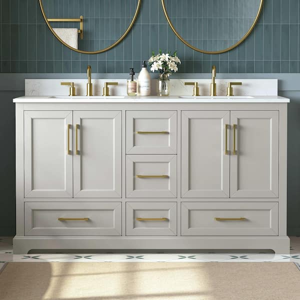 Dora 61 in. Double Sink Freestanding Gray Bath Vanity with White Engineered Stone Top and Backsplash Assembled