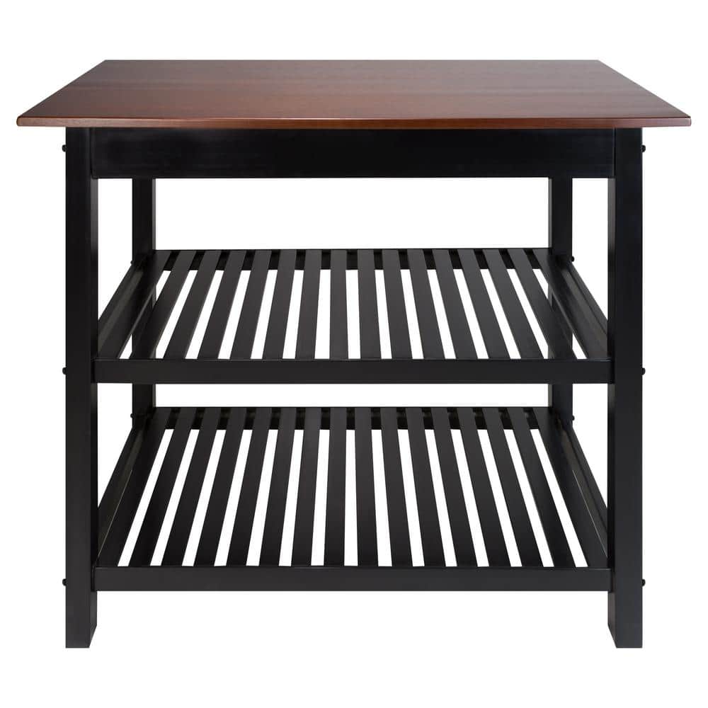 Walnut and Black Solid Wood Kitchen Island with Shelves