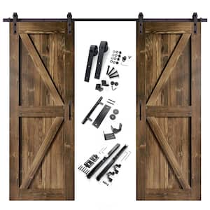 34 in. x 84 in. K-Frame Walnut Double Pine Wood Interior Sliding Barn Door with Hardware Kit Non-Bypass