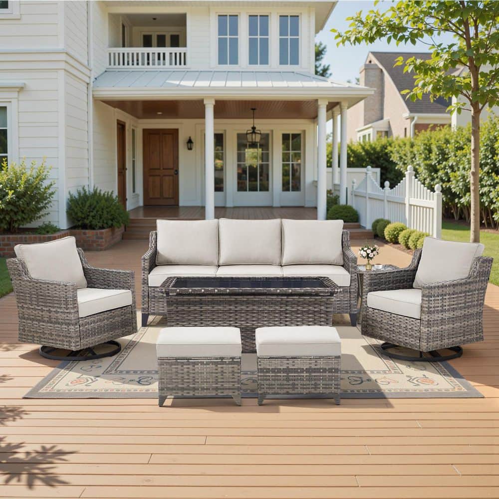 Glissia 7-Piece Gray Wicker Patio Conversation Set with Swivel Gliders and 4 in. Olefin Beige Cushions price history on PriceWatchPro