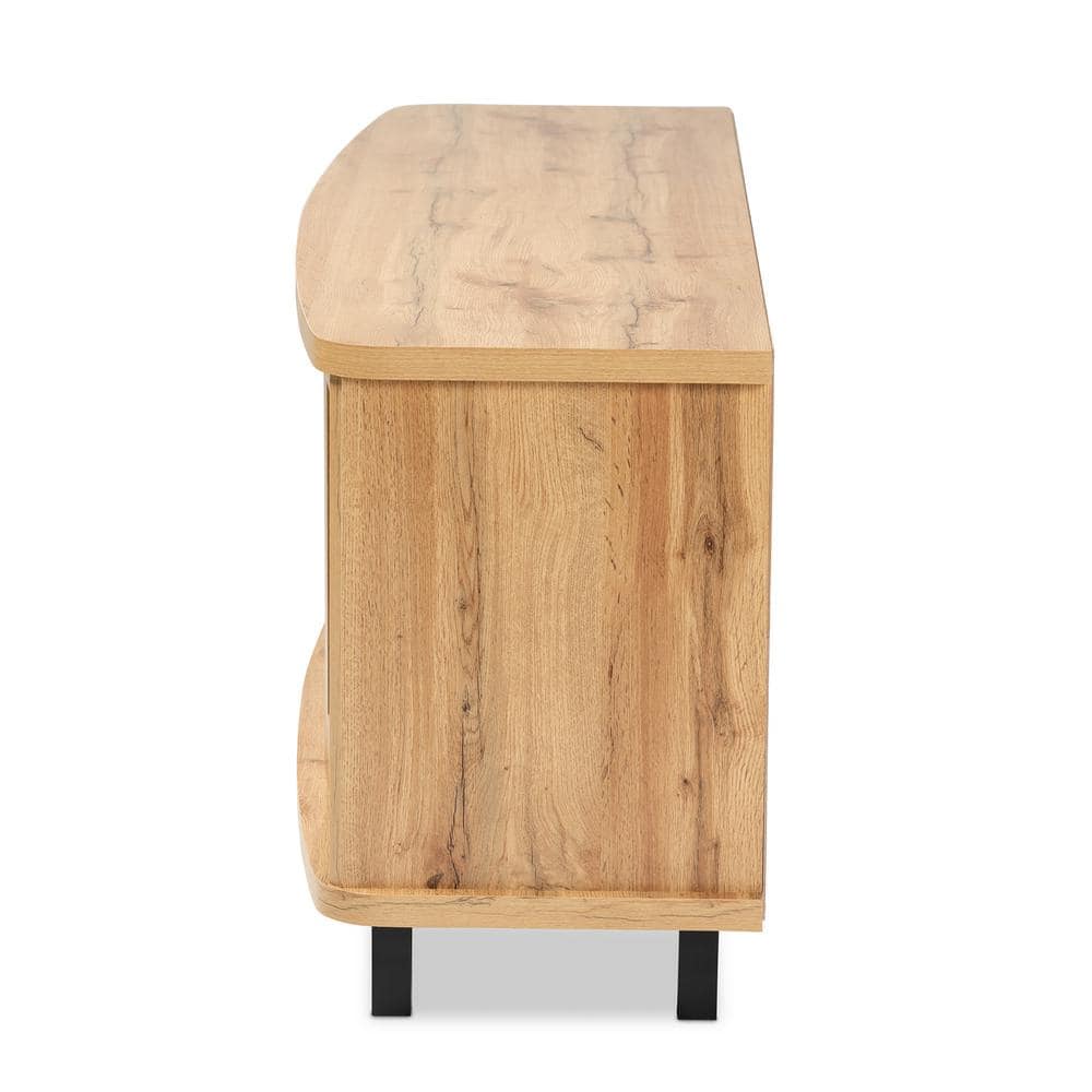 Oak Brown Wood TV Stand with Glass Doors and Drawers