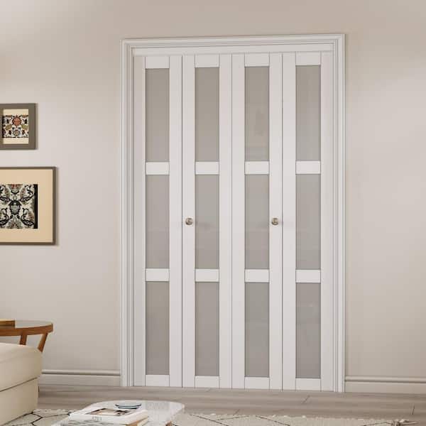 56 in. x 80 in. 3-Lite Tempered Frosted Glass Solid Core White Finished MDF Interior Closet Bi-Fold Door with Hardware
