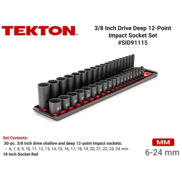 TEKTON 3/8 in. Drive 12-Point Impact Socket Set with Rails (6 mm