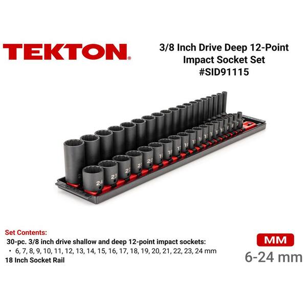 3/8 in. Drive 12-Point Impact Socket Set with Rails (6 mm-24 mm) (38-Piece)