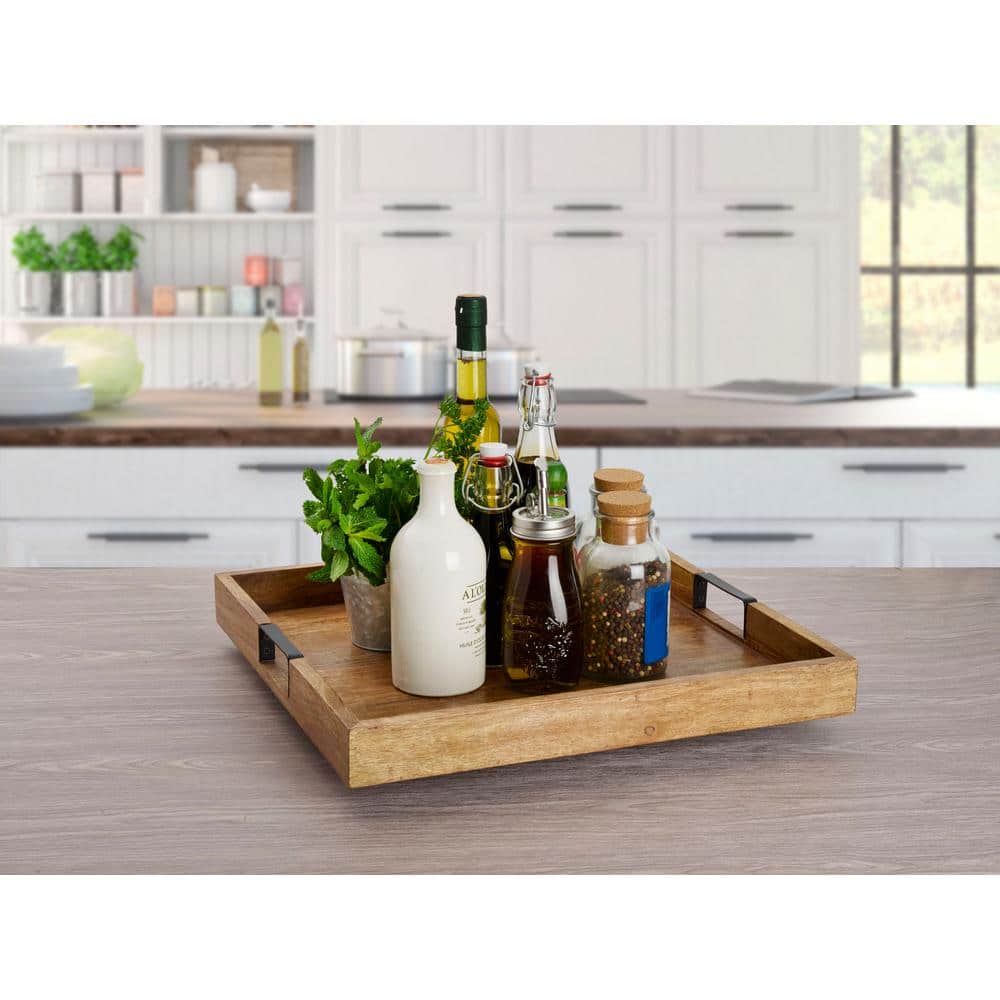 Mango Wood Square Lazy Susan with Wrought Iron Handles, 18-Inch